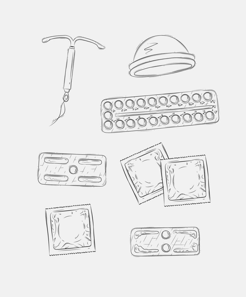 Women diaphragm, intrauterine device for contraception, pack of condom and birth control pills set drawing on grey background vector