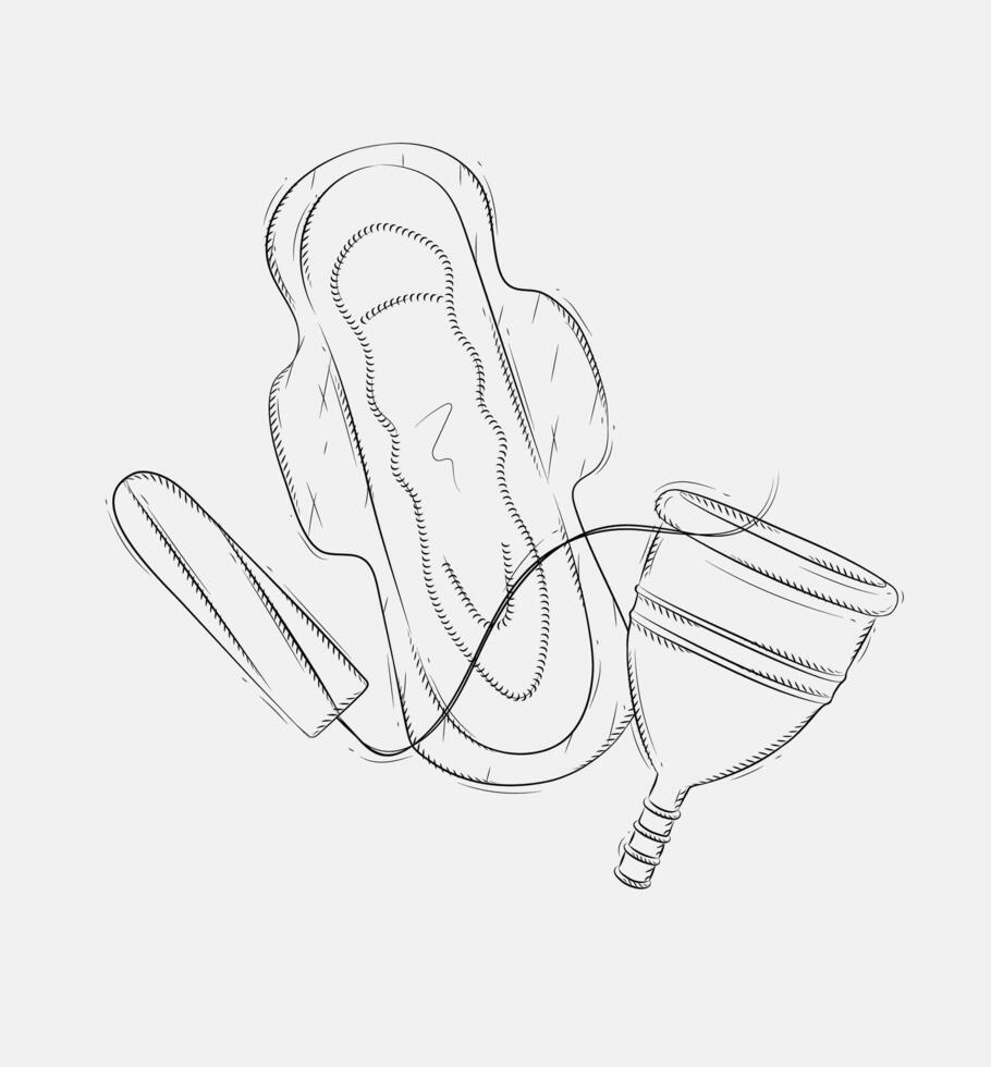 Tampon, women sanitary pad and menstrual cup set drawing on grey background vector