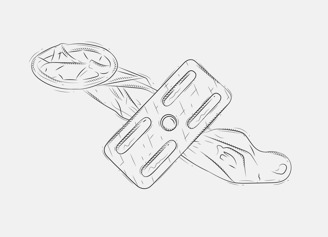 Unpacked condom and birth control pill composition drawing on grey background vector