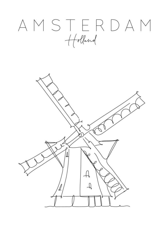 Poster windmill lettering amsterdam netherlands drawing in pen line style on white background vector