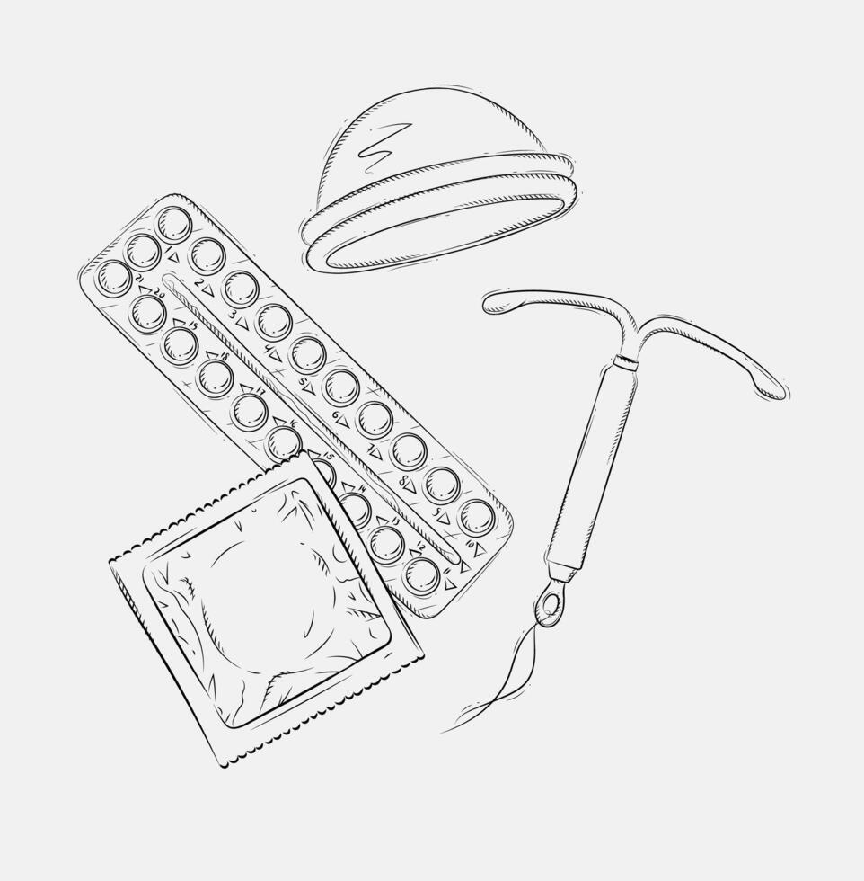 Women diaphragm, intrauterine device for contraception, pack of condom and birth control pills composition drawing on grey background vector