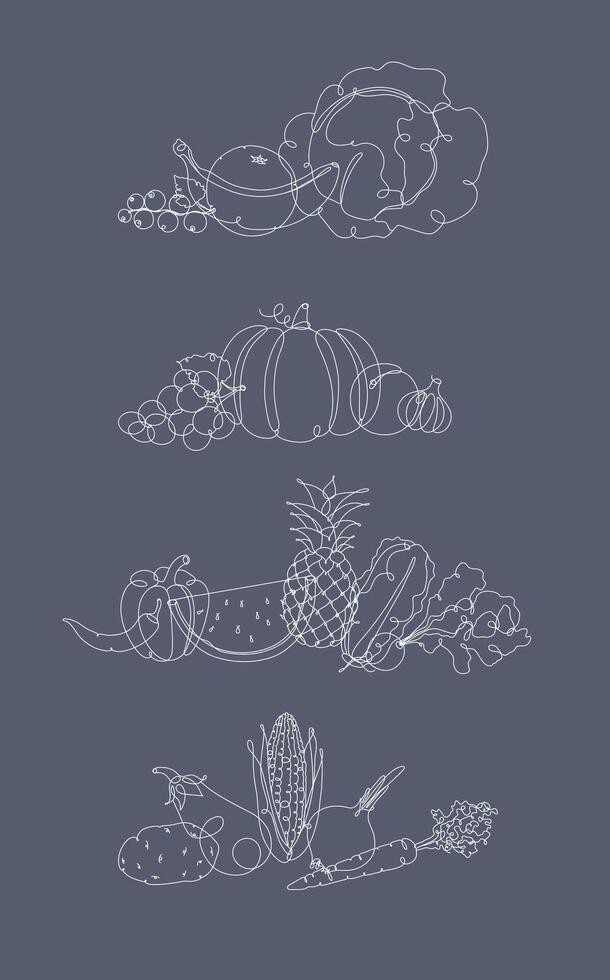 Fruits and vegetables mix illustration in pen hand drawing lines style on grey background vector