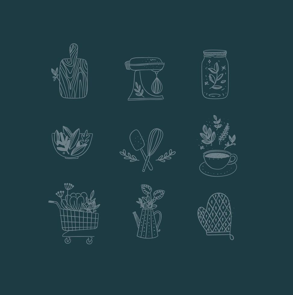 Set of floral kitchen icons in hand made line style cutting board, mixer, jar with lid, salad bowl, dough whisk, coffee cup, grocery cart, water jug for plants, oven mitts drawing on dark background vector