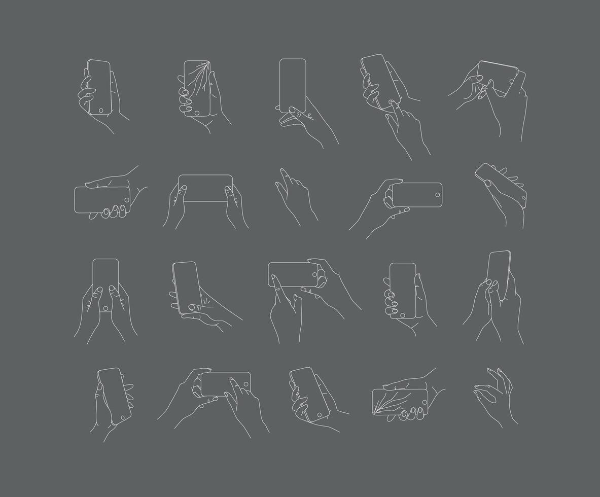 Set of hand phone in different positions and navigation drawing with thin lines on gray background. vector