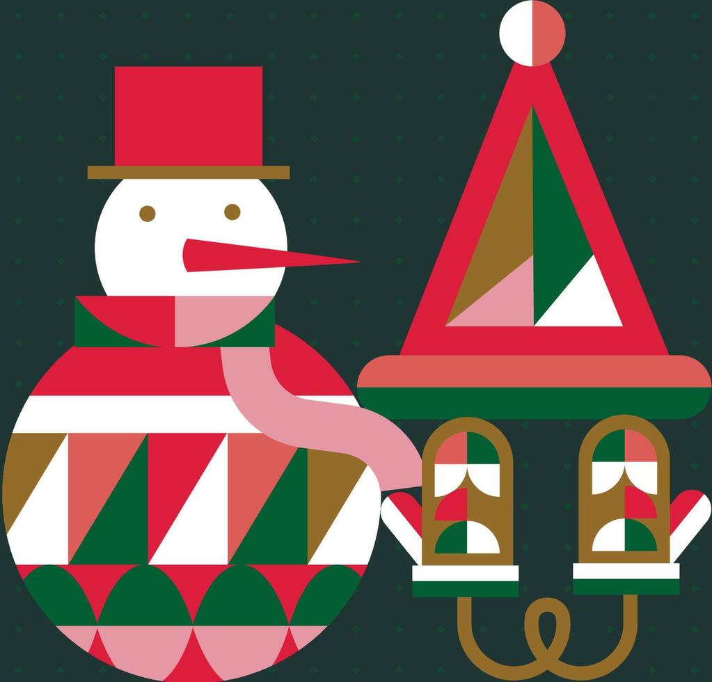Poster Christmas snowman and gloves in cubism style drawing on green background vector