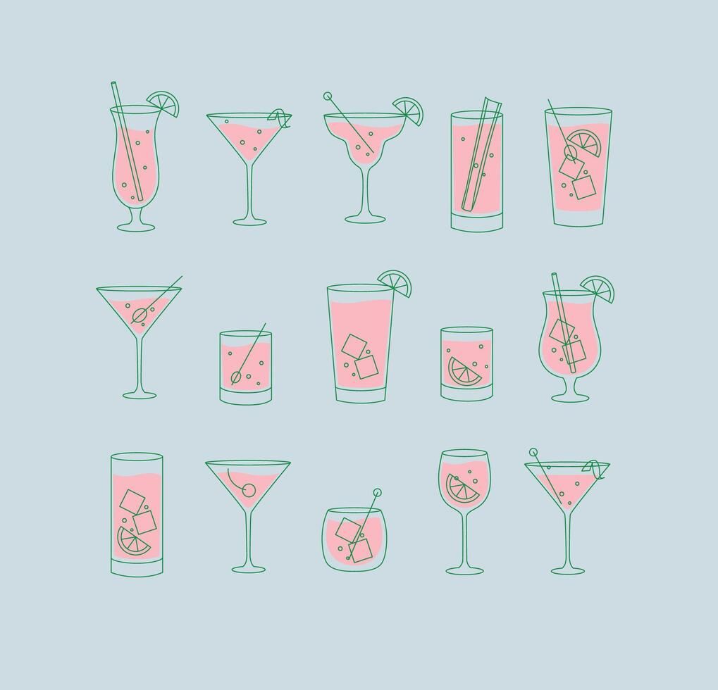Alcohol drinks and cocktails icon set in flat line style on light blue background. vector