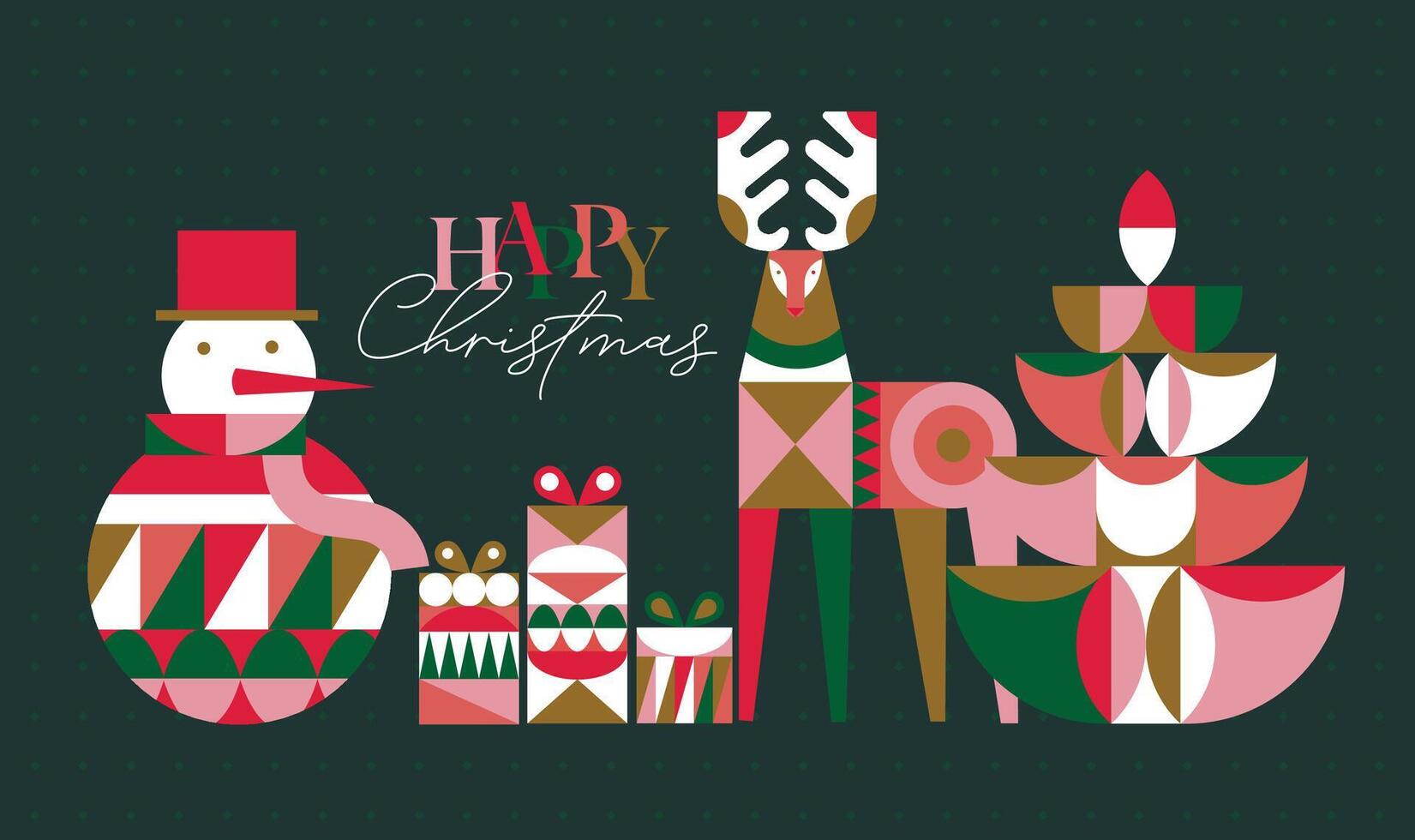 Poster snowman, present box, deer, tree lettering happy christmas in cubism style drawing on green background vector