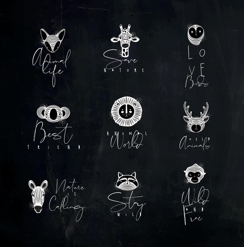 Set of animals authentic graphic signs fox, giraffe, owl, panda, lion, antelope, horse, cat, monkey with lettering drawing with chalk on chalkboard background vector