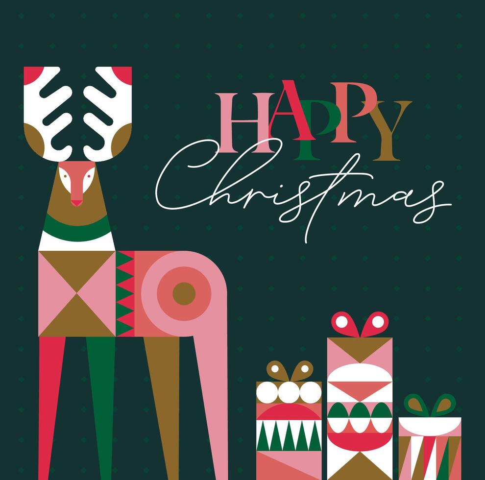 Poster deer and present box in cubism style with lettering happy christmas drawing on green background vector