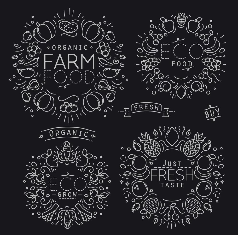 Set of flat fruits and vegetables monograms drawing with white lines on black background vector