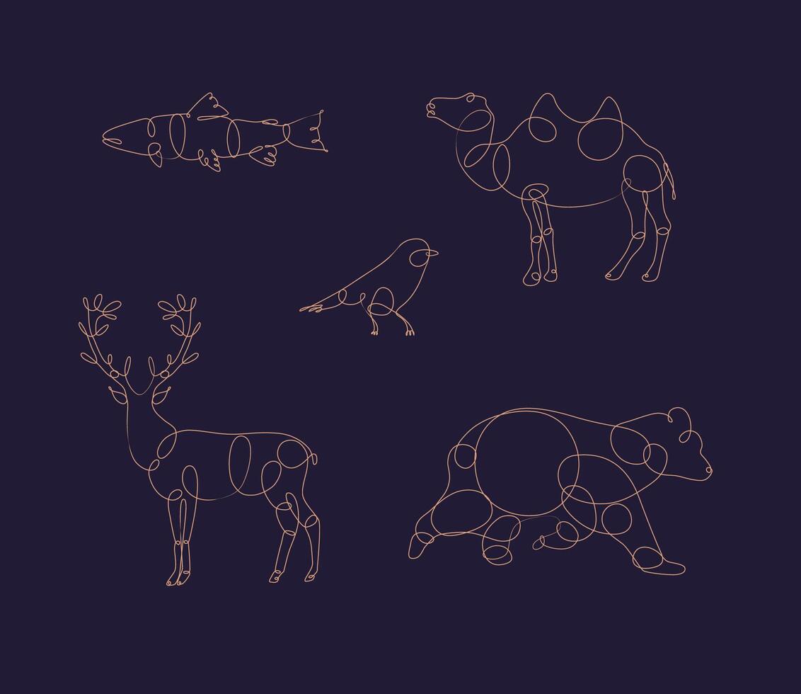 Set of animals fish, camel, bird, deer, bear drawing in pen line style on dark background vector
