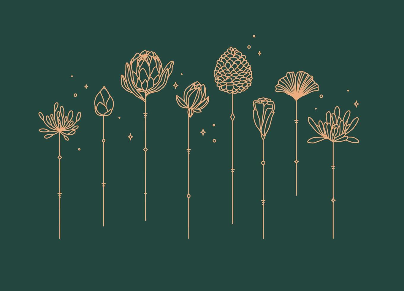 Flowers long stem drawing in art deco style on green background vector