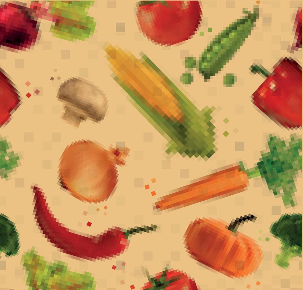Pattern pixel vegetables corn, pepper, peas, broccoli, onion, beet, mushrooms, tomato, pumpkin, cabbage, cucumber, carrot, chili pepper, leek drawing on kraft vector