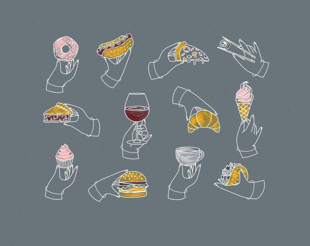 Set of renaissance hands holding donut, hot dog, pizza, sushi, pie, glass of wine, croissant, ice cream, cupcake, burger, coffee, taco drawing with color on grey background vector
