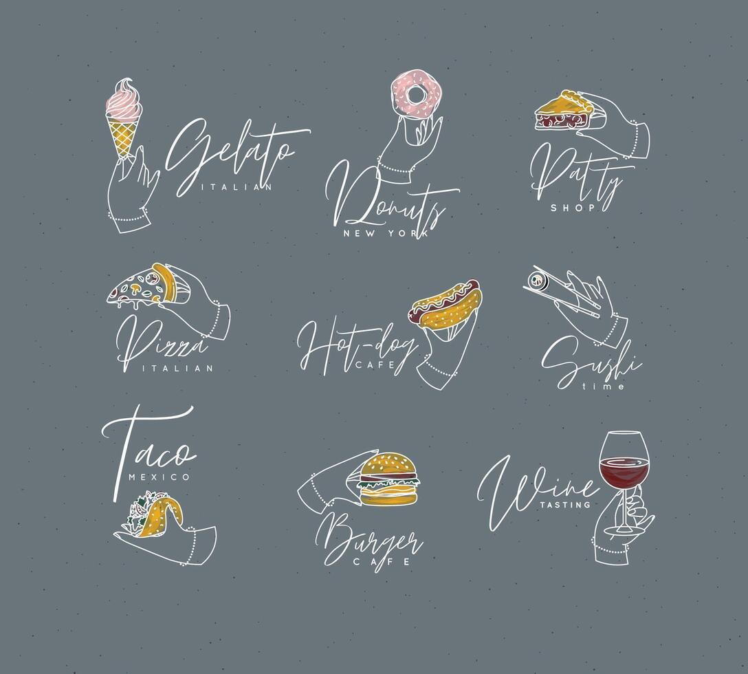 Set of renaissance hands holding donut, hot dog, pizza, sushi, pie, glass of wine, croissant, ice cream, cupcake, burger, coffee, taco with lettering drawing with color on grey background vector