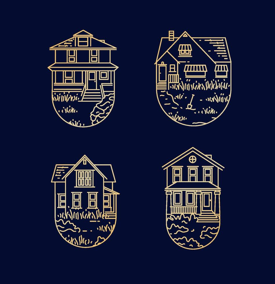 Set of house badges different forms drawing in flat style on dark blue background vector
