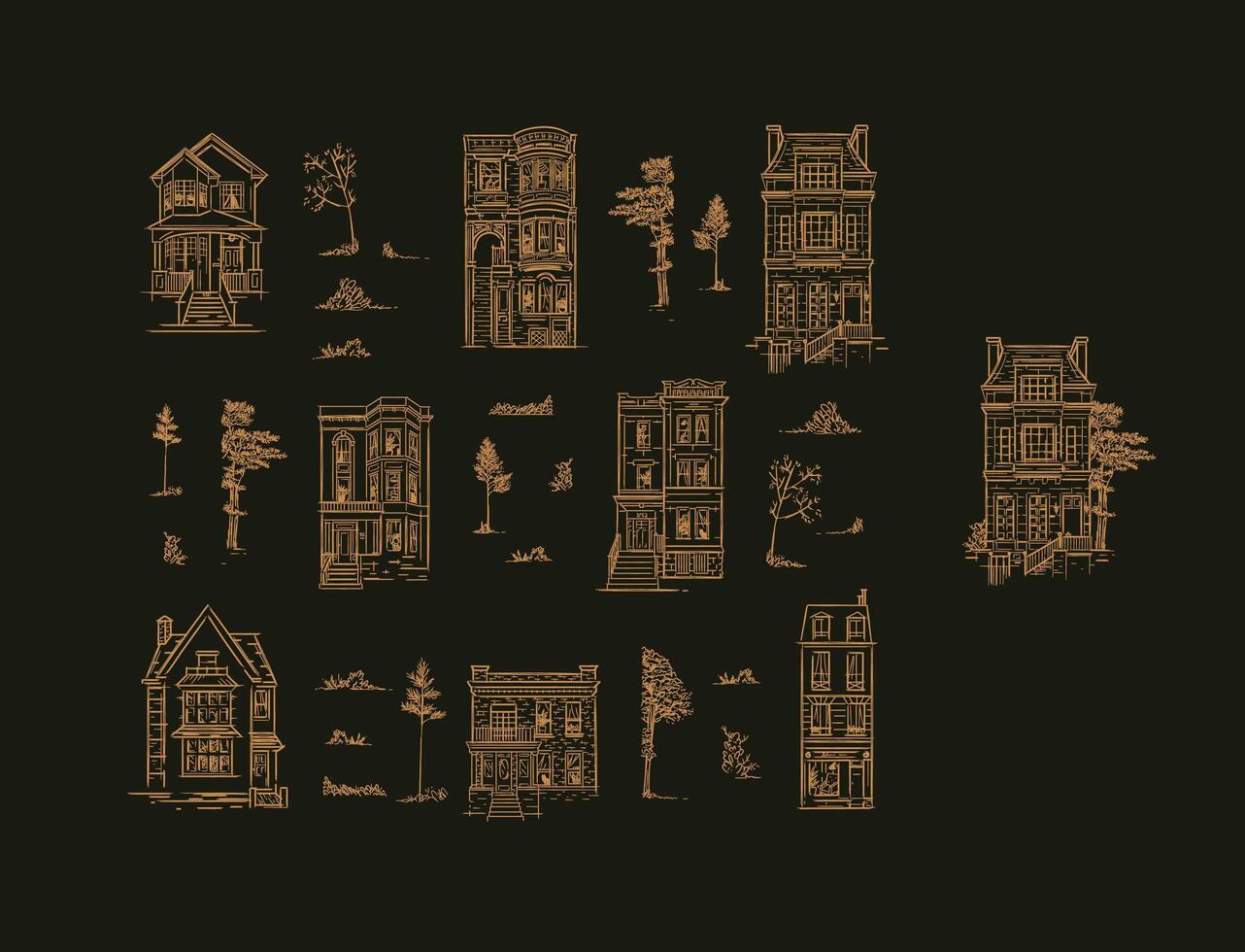 Set of houses and garden trees drawing in old fashioned vintage style on brown background. Mix your own composition. vector