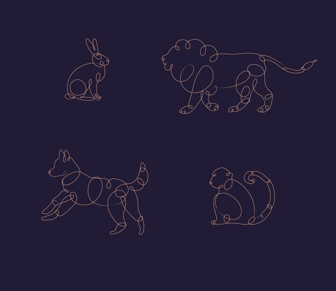 Set of animals rabbit, lion, dog, monkey drawing in pen line style on dark background vector