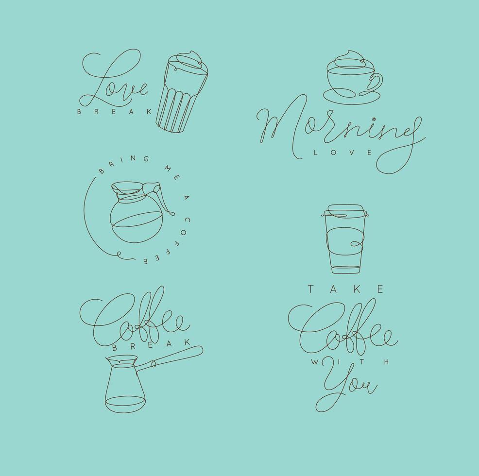 Coffee elements lines with lettering in pen hand drawing style on turquoise background vector