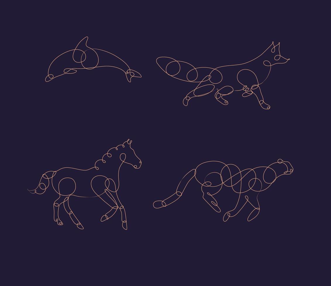 Set of animals dolphin, fox, horse, cheetah drawing in pen line style on dark background vector