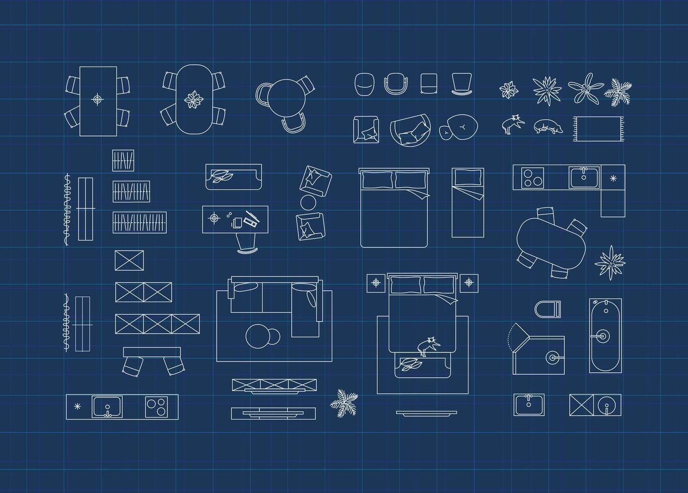 Construction drawing furniture icons for living room, bathroom, kitchen, bedroom drawing on blue background. vector