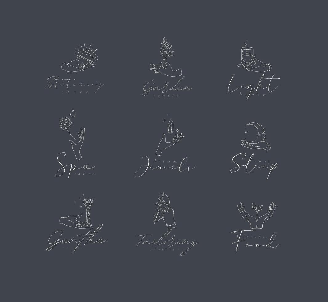 Hand symbol templates pen, branch, candle, dandelion, crystal, moon, scissors, needle, leaf in modern line style drawing on grey background vector