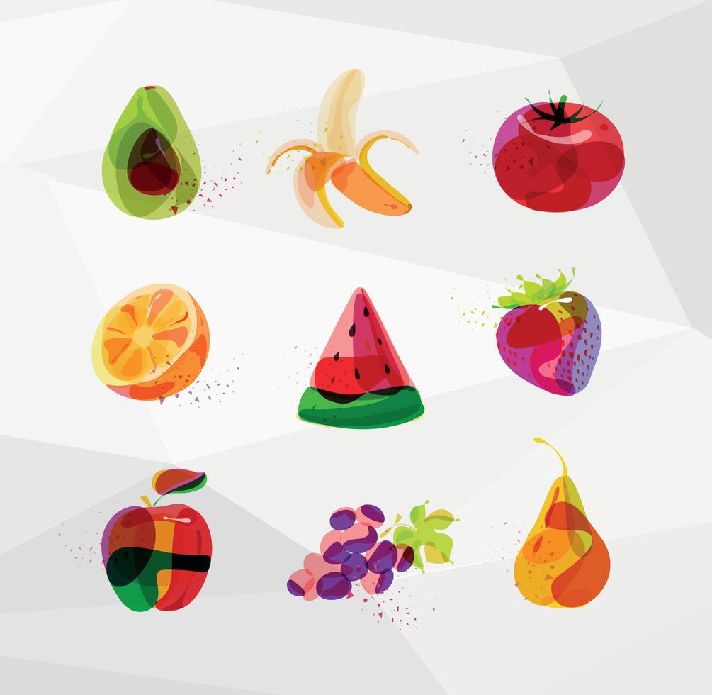 Neon fruits and vegetables avocado, banana, tomato, orange, watermelon, strawberry, apple, grape, pear vector