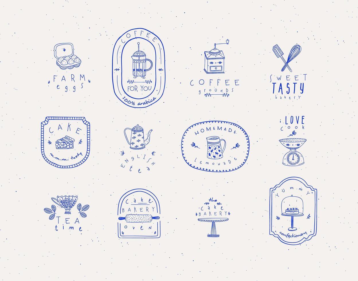 Set of kitchen labels with lettering drawing in handmade graphic primitive casual style on beige background. vector