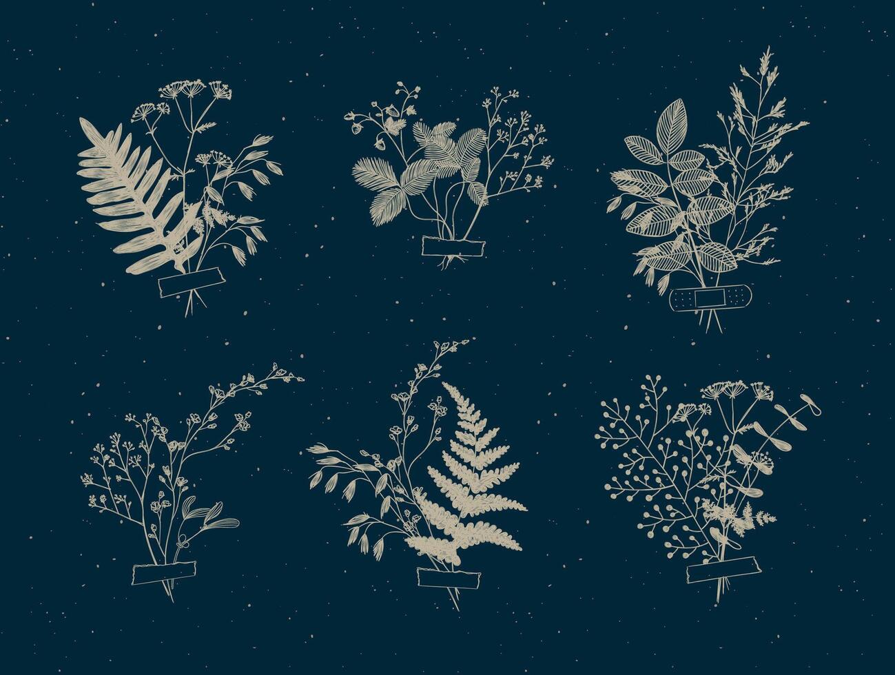Branches and leaves are collected into a bouquet with sticker drawing in beige color on blue background vector