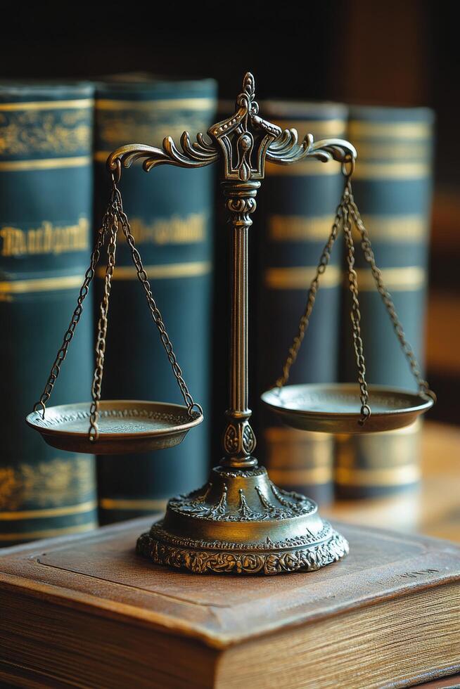 Antique balance scale resting on stacked law books in a serene garden setting during the day photo