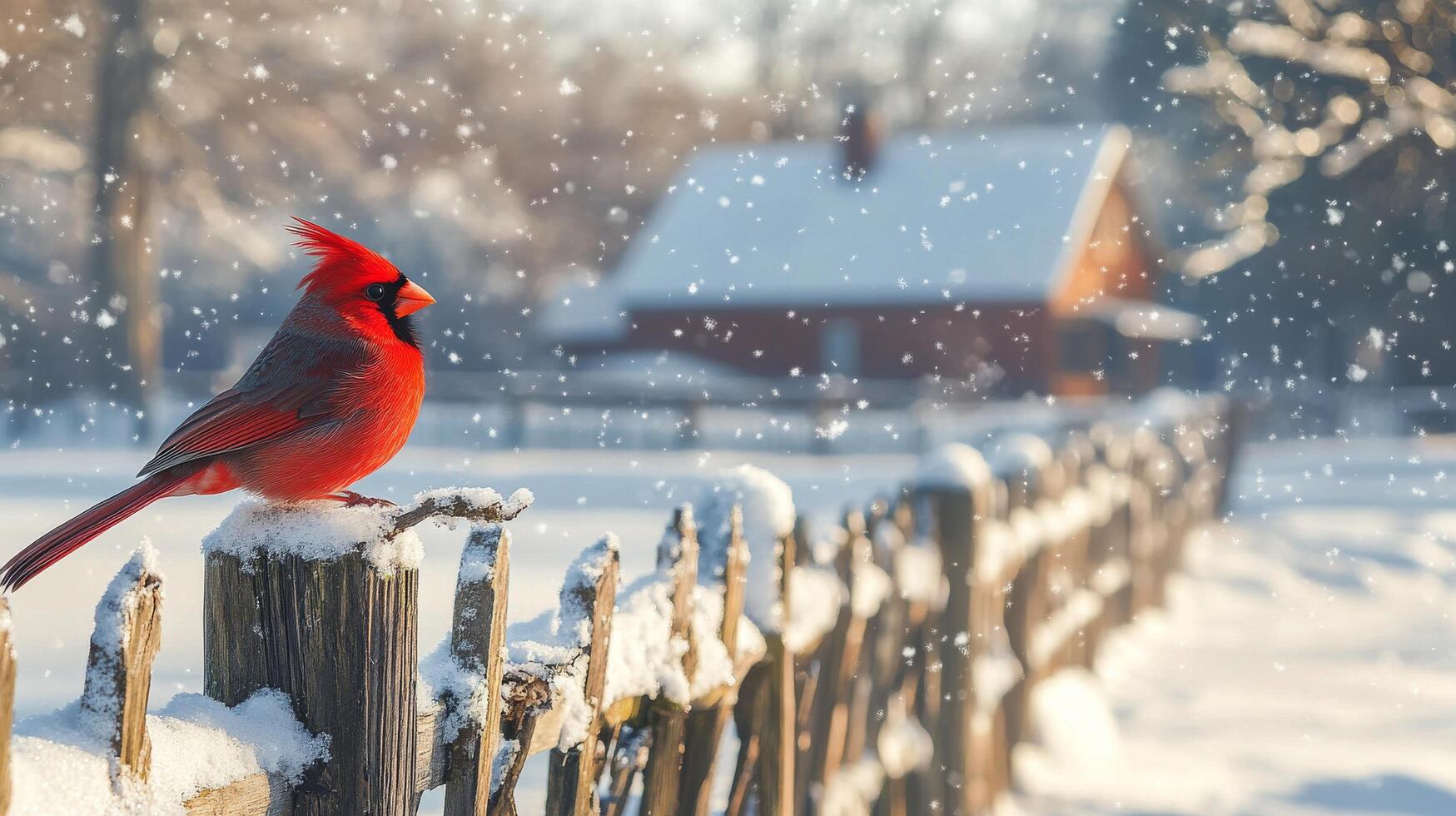 Snowy winter scene with a red cardinal near a rustic farmhouse in a quiet countryside setting photo