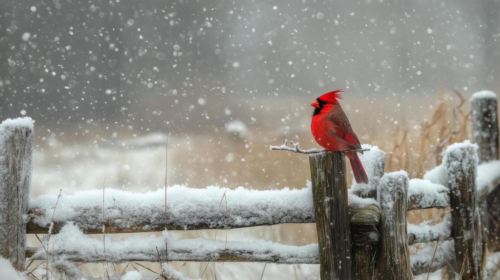 Snowy winter scene with a red cardinal near a rustic farmhouse in a quiet countryside setting photo
