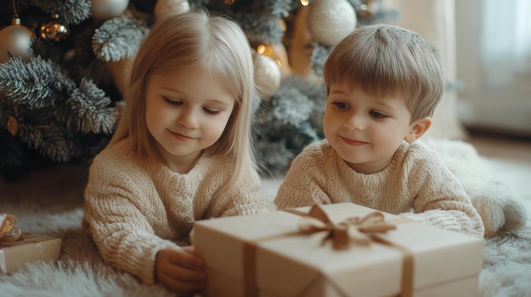 Two happy kids eagerly getting ready to open Christmas gifts in a cozy, festive room photo