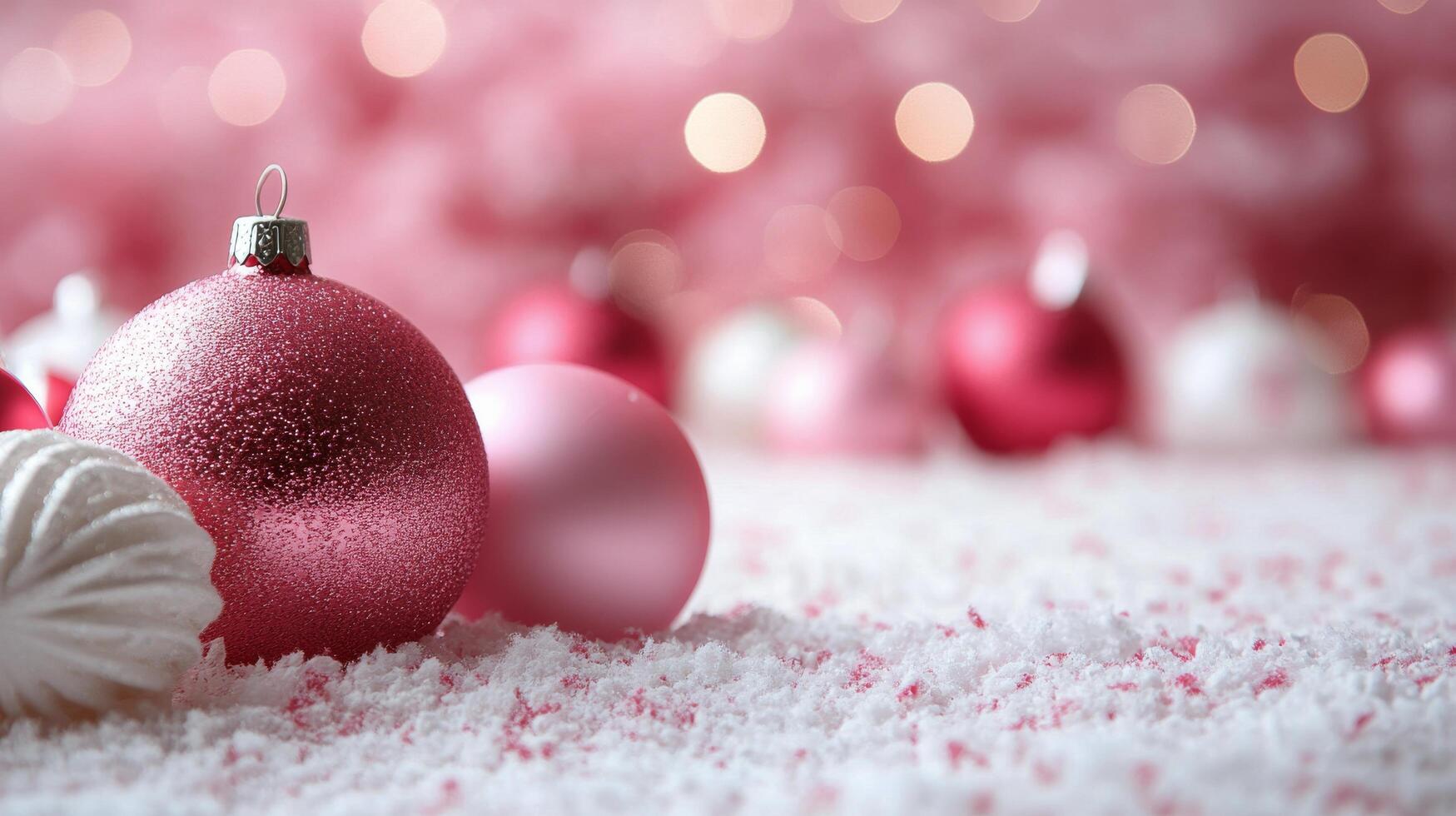 Festive pink and red ornaments resting on artificial snow with blurred lights in the background photo