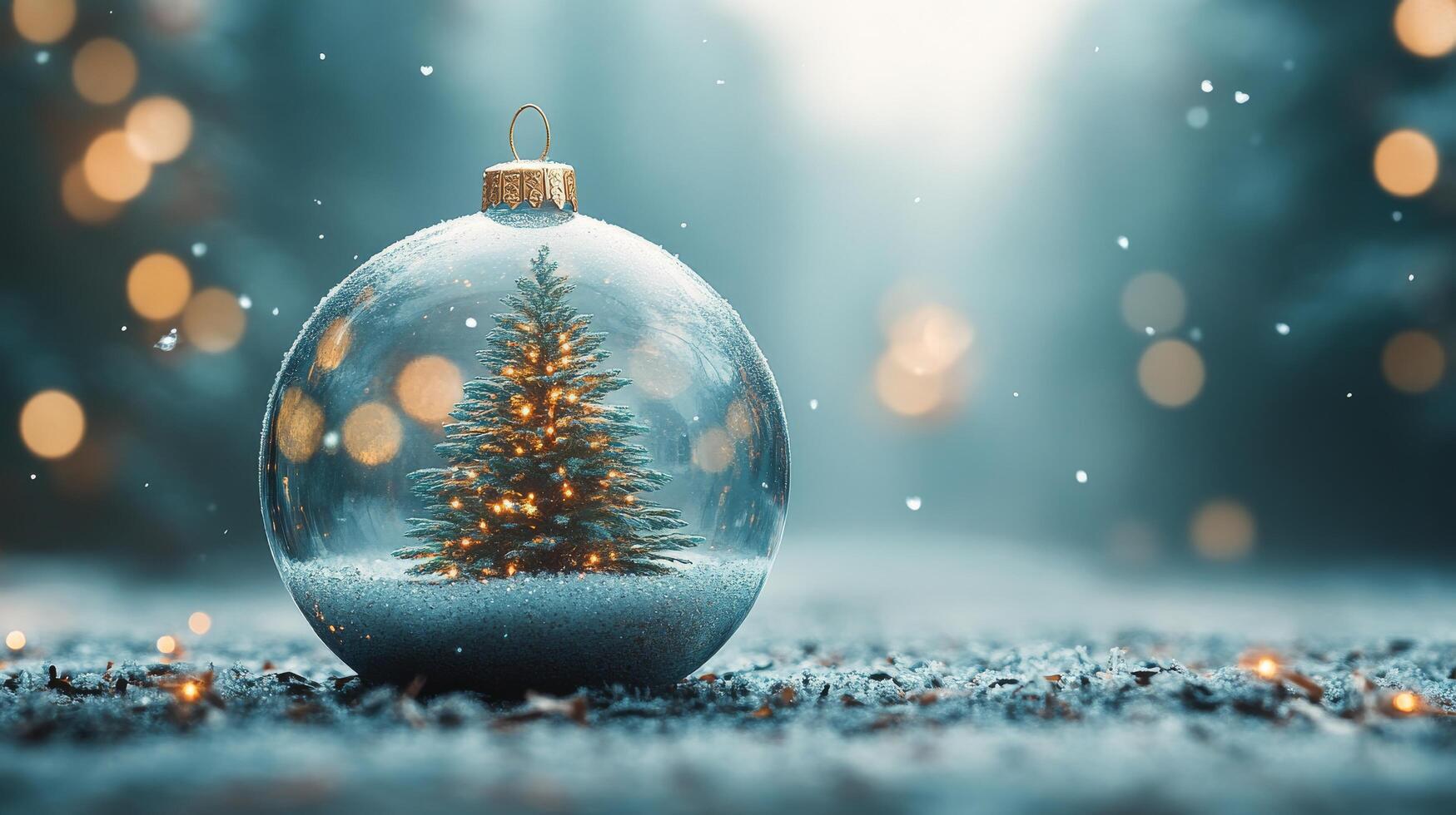A snow globe featuring a decorated Christmas tree illuminated by soft lights in a winter setting photo
