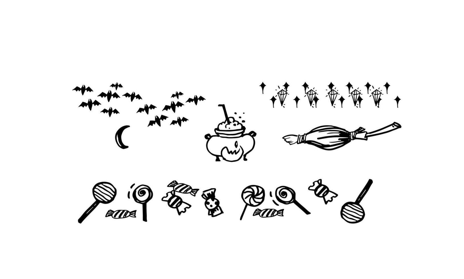 A set of hand drawn halloween theme icon.candy magic potion bat medicine pot crystal stars pattern vector