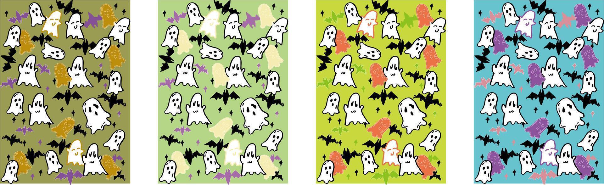 A set of hand drawn Bright and vibrant toned halloween theme background image materials. There are cute ghosts bats and stars above vector