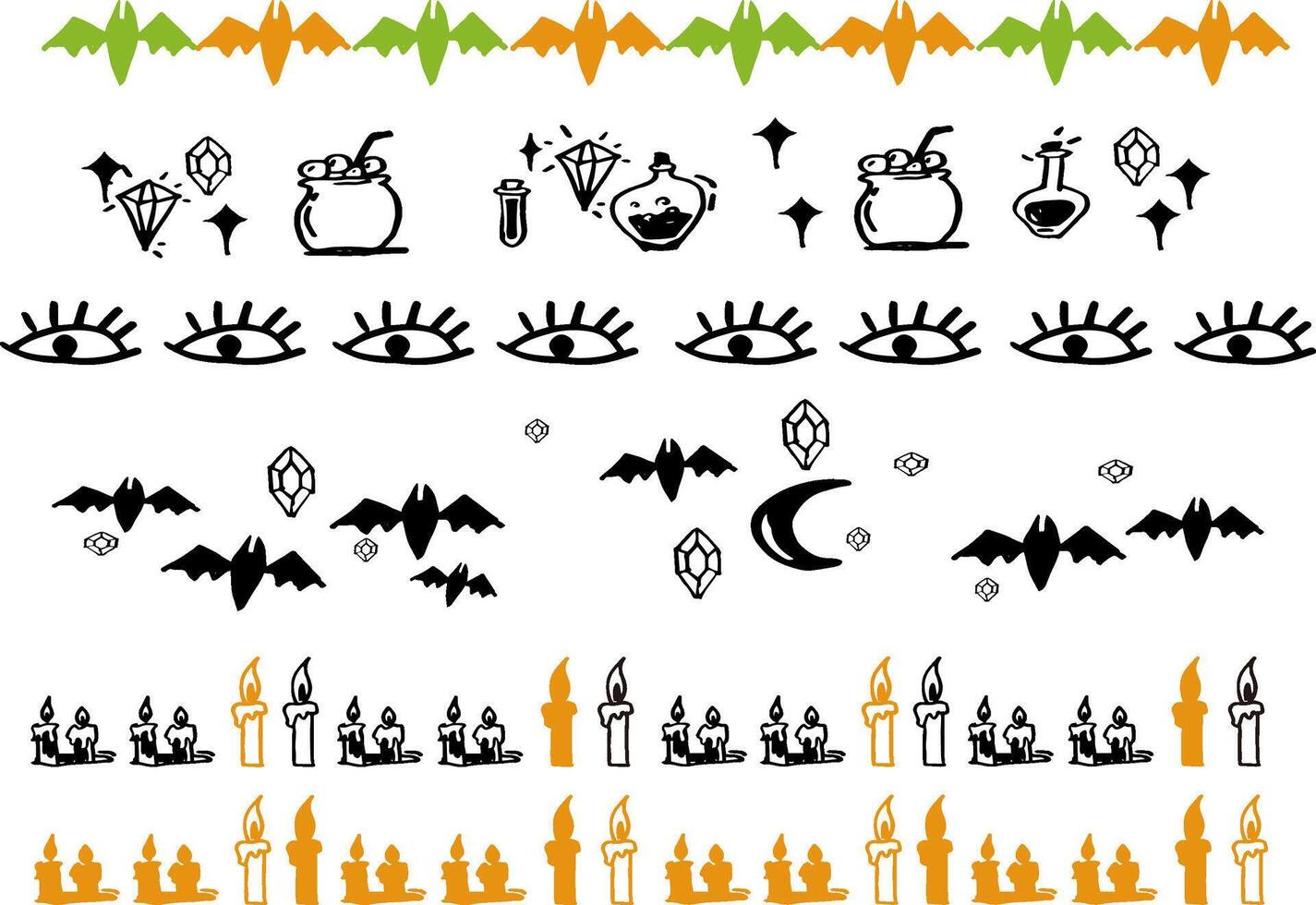 A set of hand drawn halloween theme pattern image materials. Bats, Eyes, Crystal, Orange candles patterns vector