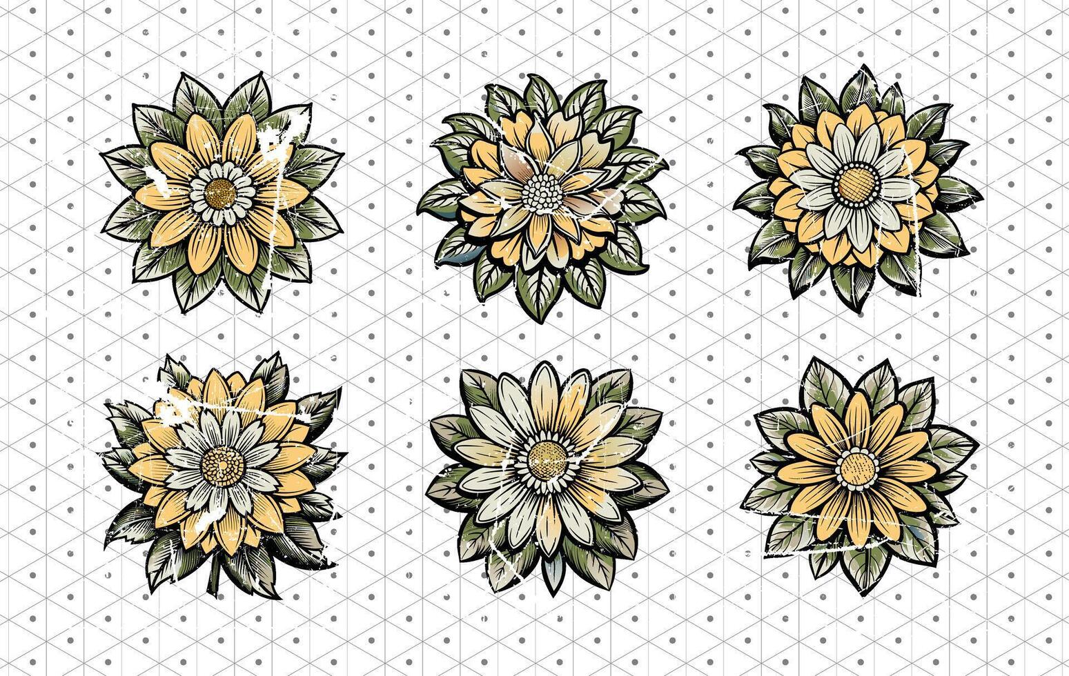 Ornate yellow and black floral patterns with polka dot background vector