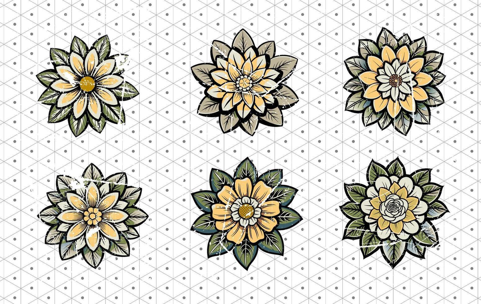 A set of six retro toned mandala flowers in a pokey background. vector