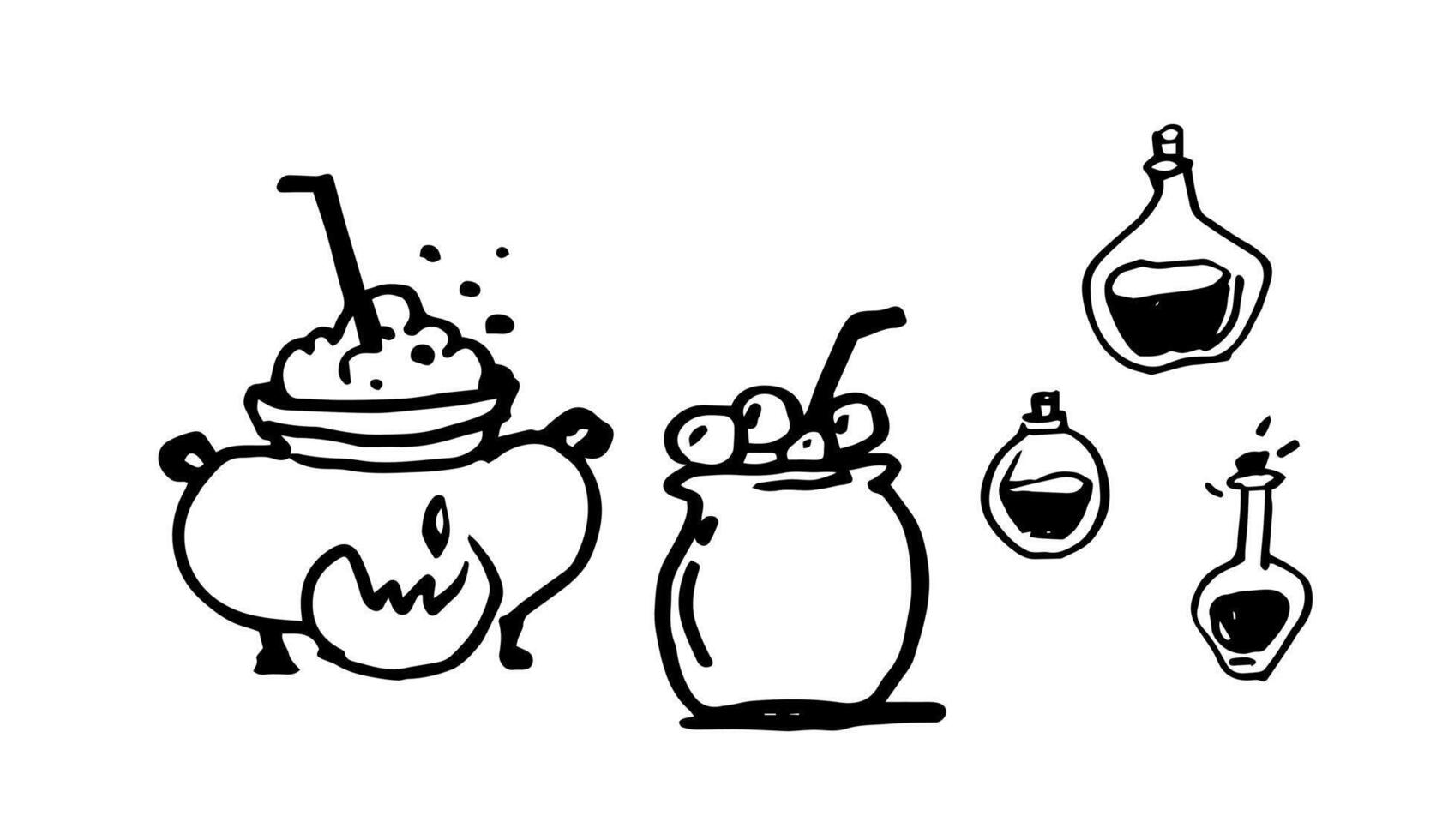 A set of hand drawn halloween theme icon. magic potion medicine pot vector