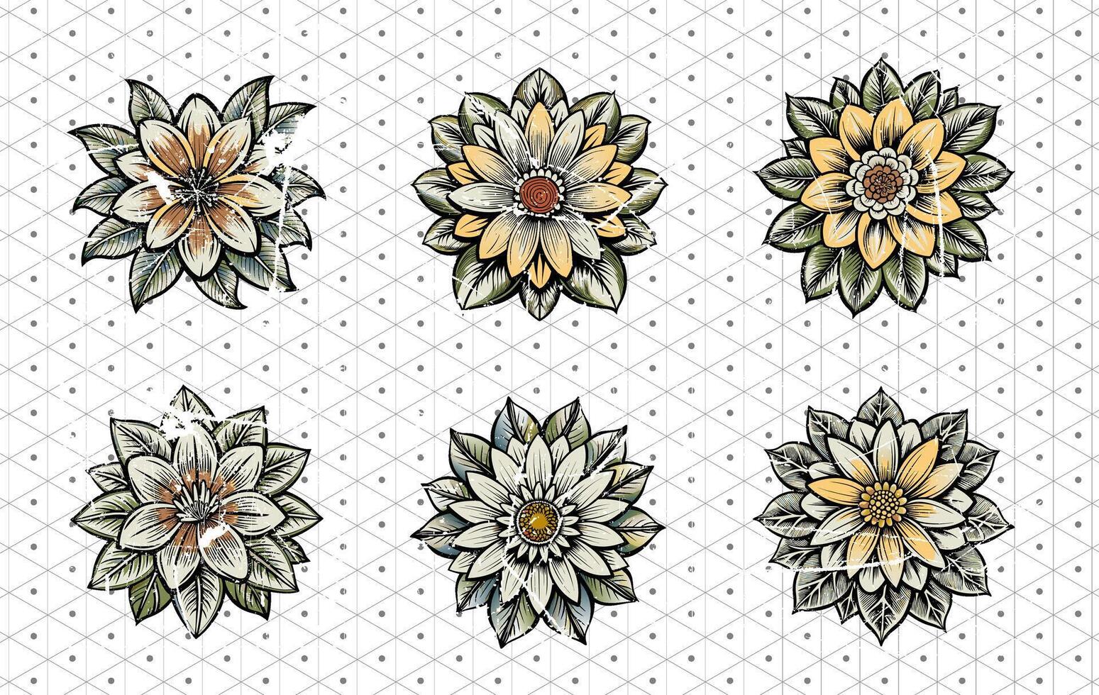 A set of flowers in a polka dot background. vector