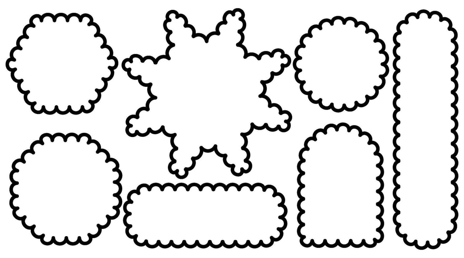 Set of scallop edge frames shapes isolated on white background. Zigzag wavy forms. Square, rectangle, circle, oval border. Decorative collection. Abstract design tag, stickers. illustrations. vector