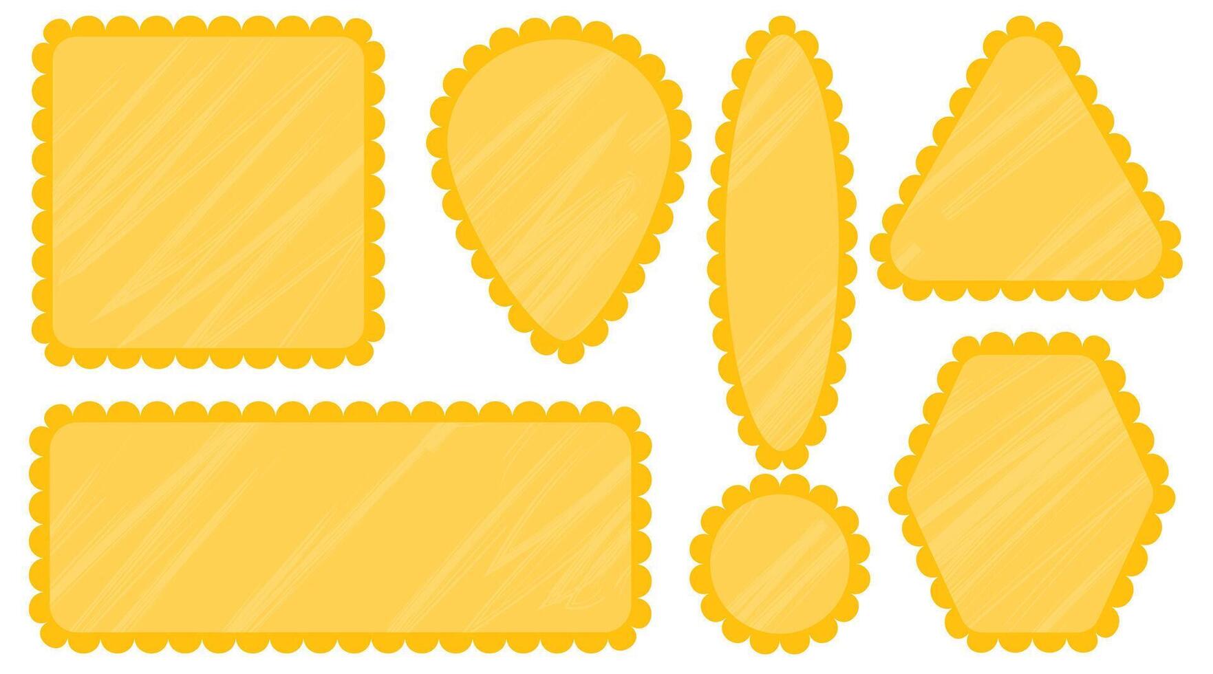 Set of scallop edge frames. Yellow shapes textured charcoal chalk on white. Zigzag wavy forms Square, rectangle, circle, oval border Decorative collection design tag, stickers illustrations. vector