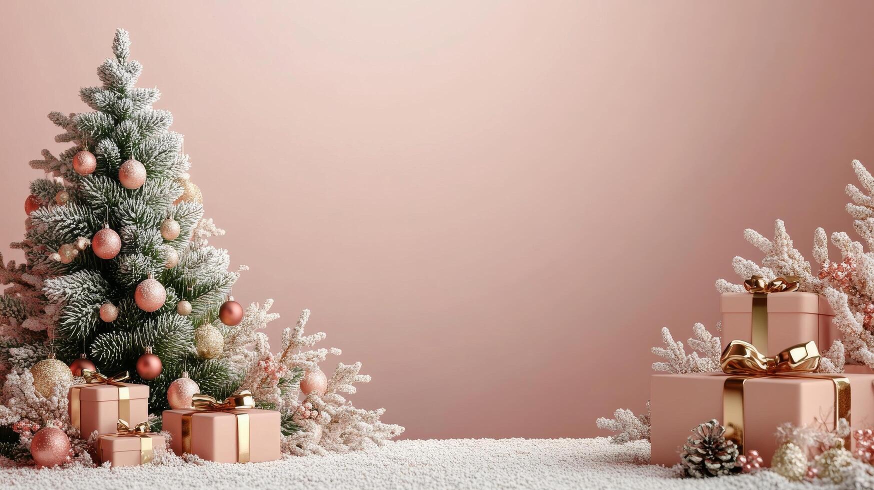 Festively decorated Christmas tree with pink ornaments and gifts on a snowy background photo