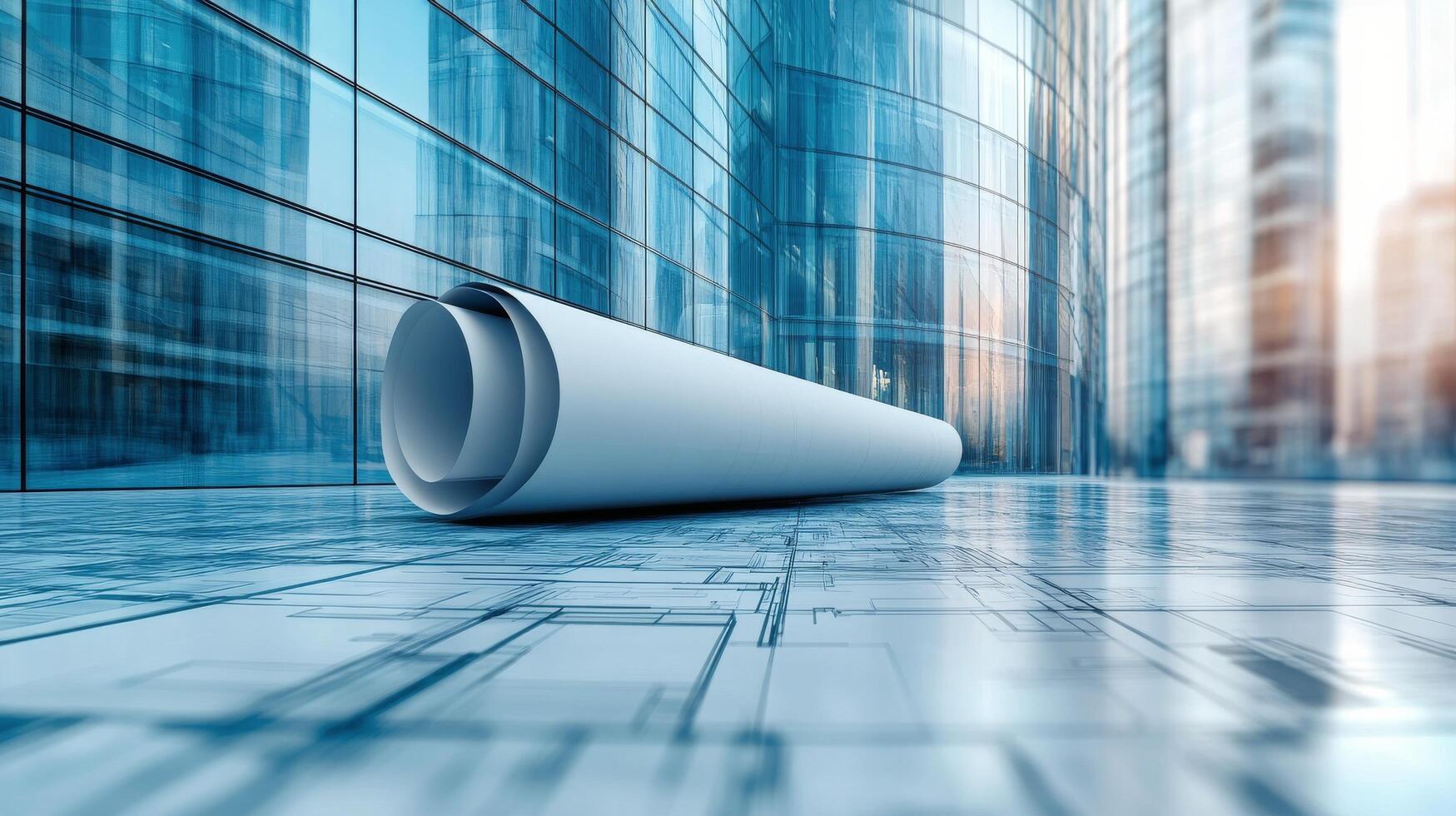 Architectural plans unrolled on the ground in a modern cityscape during early morning light photo