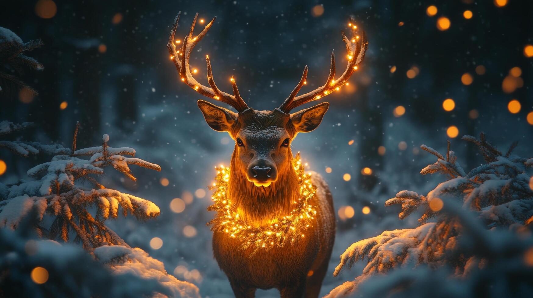 A deer adorned with lights stands amidst a winter wonderland filled with glowing decorations photo