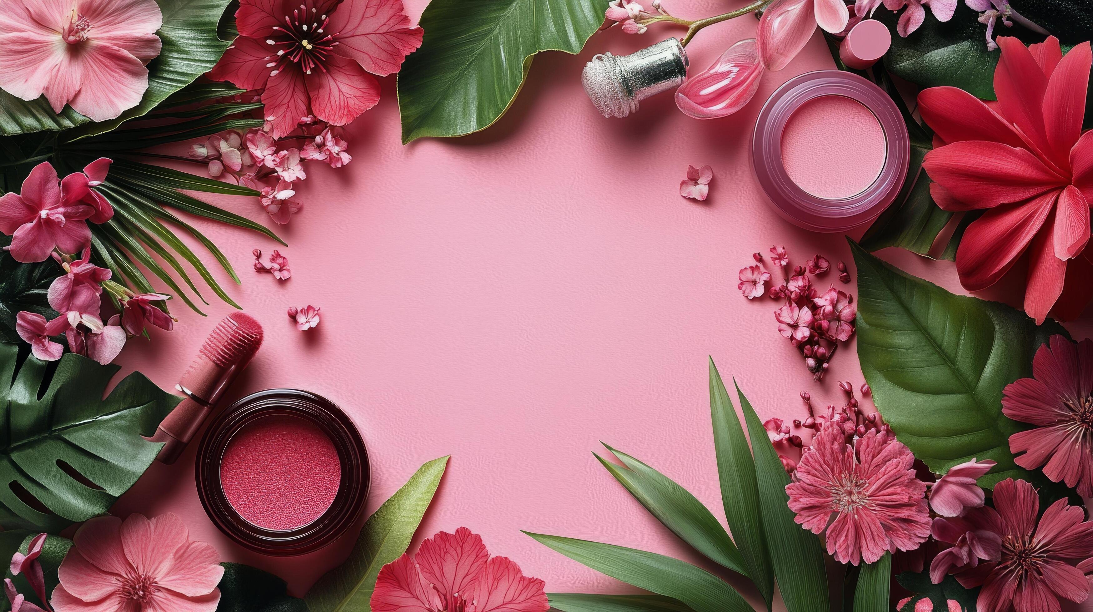 Pink cosmetic products creatively arranged against a textured pink