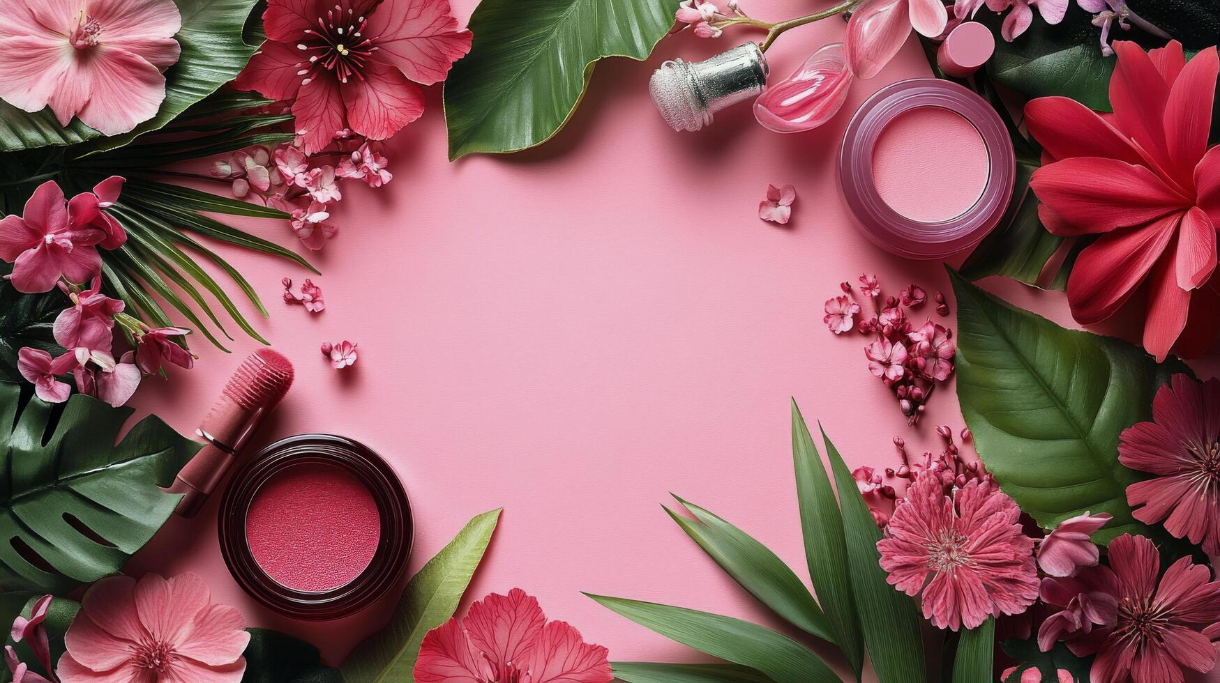 Pink cosmetic products creatively arranged against a textured pink backdrop with sparkling details photo