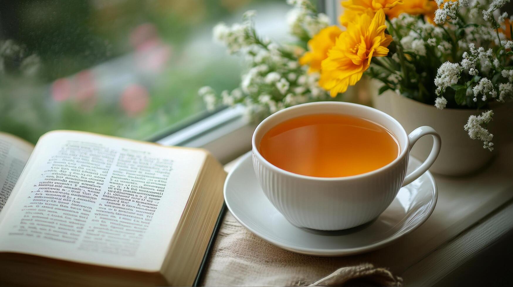 Enjoying a warm cup of tea beside an open book by the window on a peaceful afternoon photo